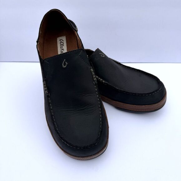 OluKai Moloa Black Leather Loafers Slip Ons mens 12 Excellent Condition main image 9